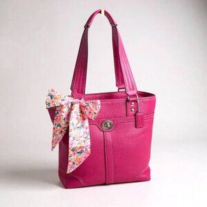 Coach Hampton Handbag Pebbled Leather Turnlock Tote Bag Pink/Magenta F13959